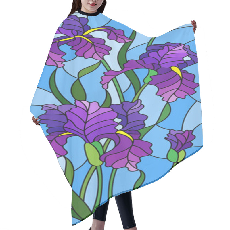 Personality  Illustration In Stained Glass Style With Purple Bouquet Of Irises, Flowers, Buds And Leaves On Blue Background Hair Cutting Cape