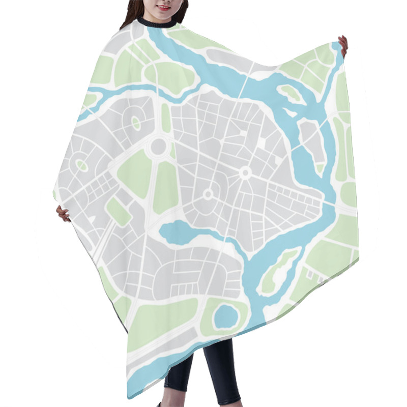 Personality  Seamless Pattern In The Form Of Abstract City Map. Vector Repeating Flat Illustration With A City Road Plan. Decorative Map With Town Streets, Green Parks And A Blue River. Color Schematic Background Hair Cutting Cape