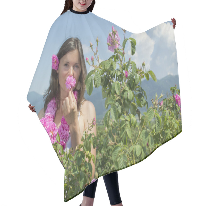 Personality  Beautiful Girl Smelling A Rose In Rose Field Hair Cutting Cape