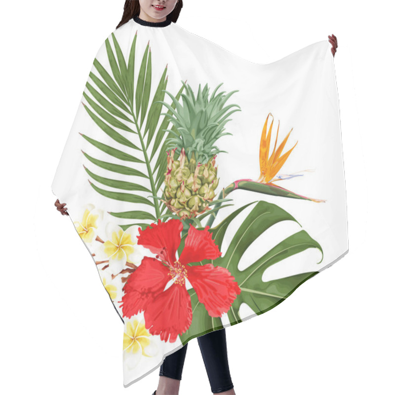 Personality  Summer Tropical Bouquet With Red Hibiscus Flowers, Strelitzia, Plumeria, Pineapple, Monstera And Palm Leaves. Stock Vector Illustration On A White Background. Hair Cutting Cape