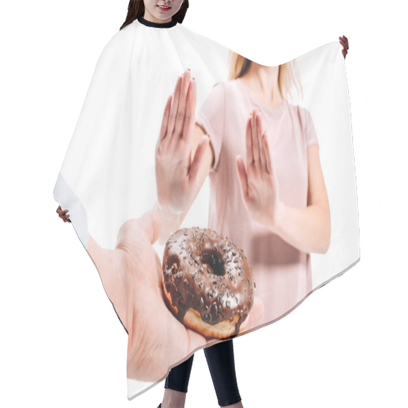 Personality  Cropped Image Of Woman Rejecting Chocolate Doughnut Isolated On White Hair Cutting Cape