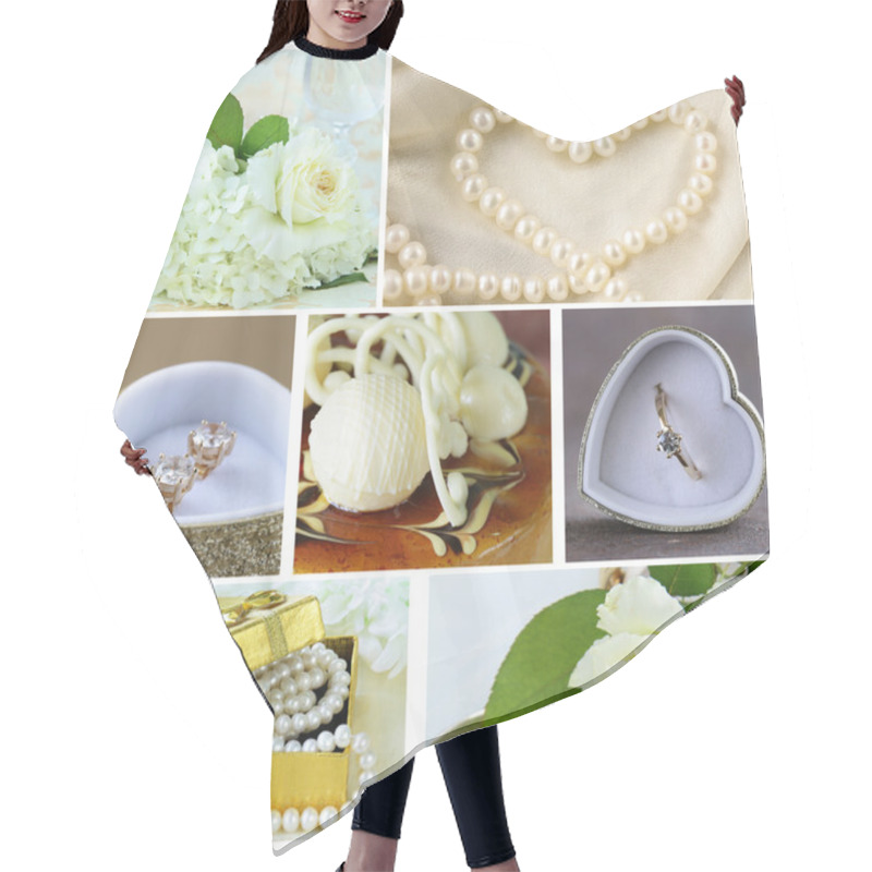 Personality  Collage Of Wedding Accessories (ring, Cake, Bouquet Of Flowers, Earrings, Pearl) Hair Cutting Cape