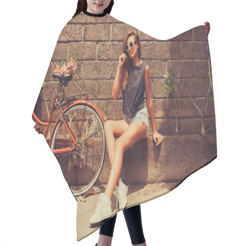 Personality  Girl  Posing With Red Bicycle Hair Cutting Cape