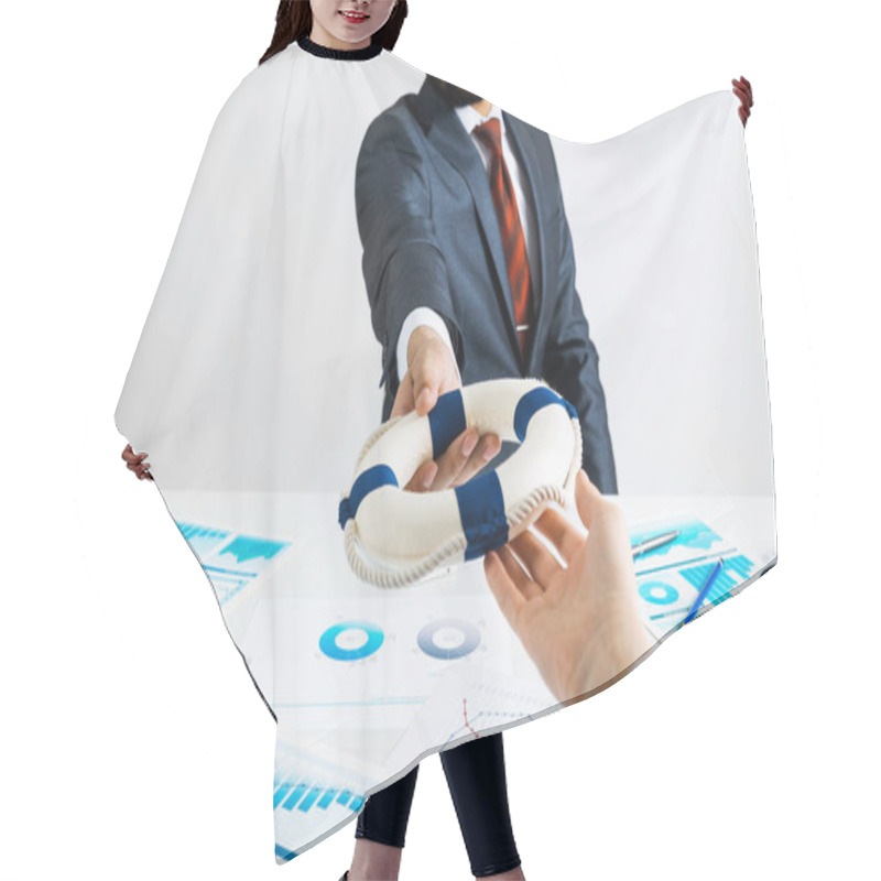 Personality  Business Persons Holding Small Lifebuoy Together Hair Cutting Cape