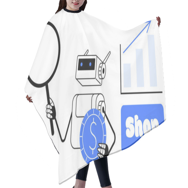 Personality  Robot Holding A Magnifying Glass And Currency Symbol, With A Growth Chart And Shop Icon. Ideal For E-commerce, Market Analysis, Financial Services, Online Shopping, AI Technology. Minimalist Vector Hair Cutting Cape