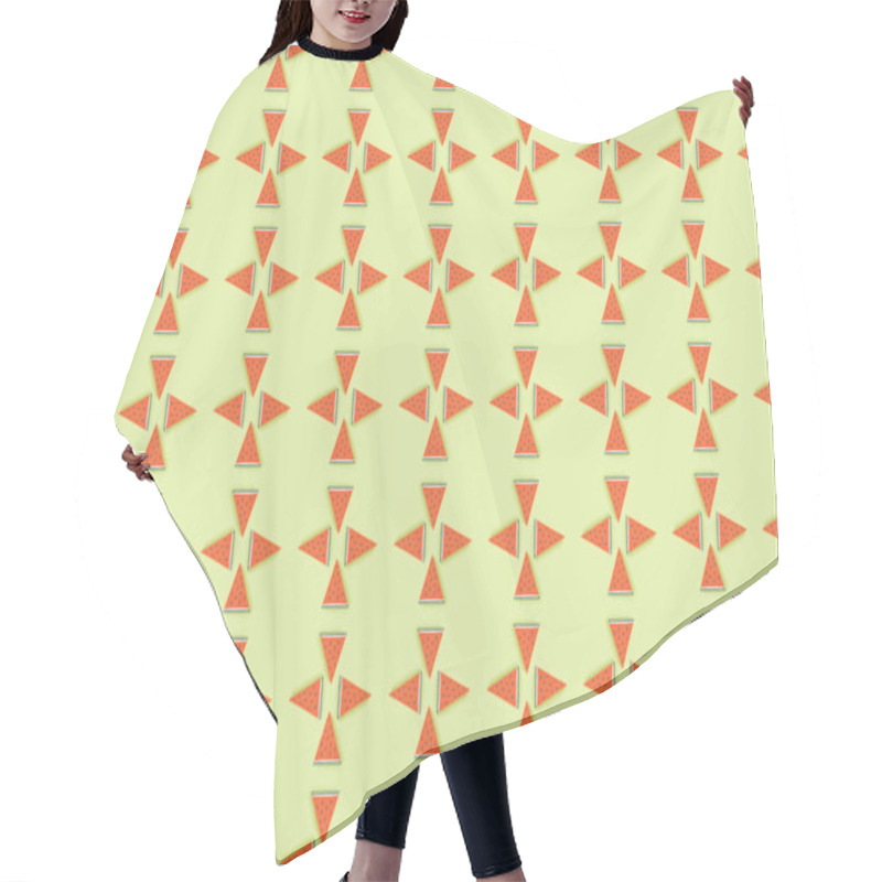 Personality  Top View Of Pattern With Handmade Paper Watermelon Slices Isolated On Green Hair Cutting Cape