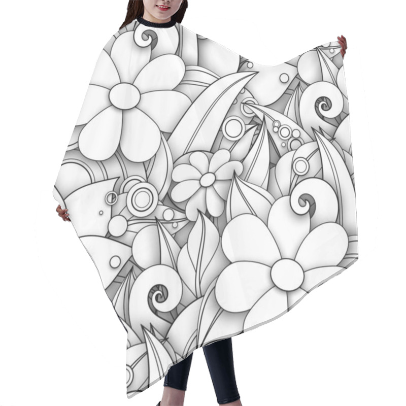 Personality  Monochrome Seamless Pattern With Floral Motifs. Endless Texture With Flowers And Leaves In Doodle Line Style Hair Cutting Cape