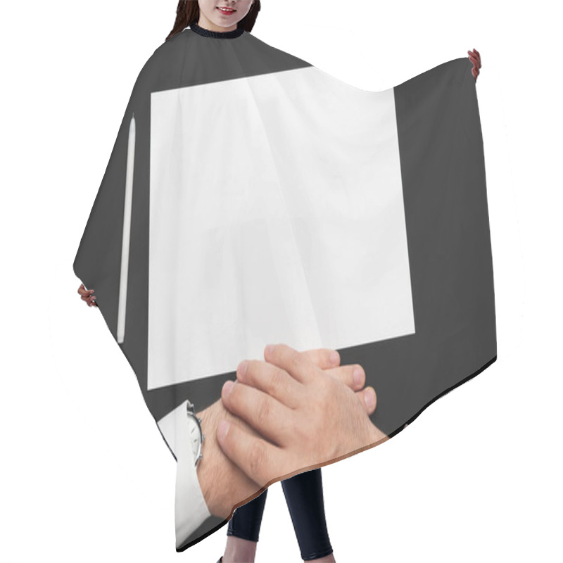 Personality  A Blank Sheet Of Paper And A Businessman's Hands On A Black Table, A White Shirt And A Wrist Watch, A Top View-a Template For Any Text Or Inscription Hair Cutting Cape