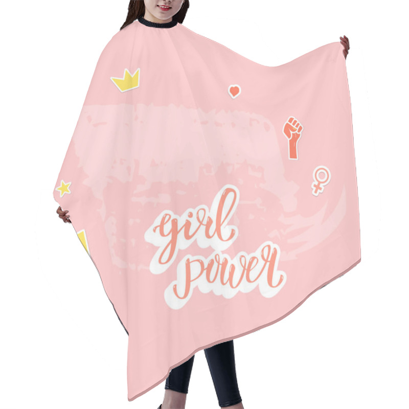 Personality  Girl Power Composition With Brush Line And Stickers Card. Background With Simple Items. Template For Graphic Design. Vector Illustration. Hair Cutting Cape