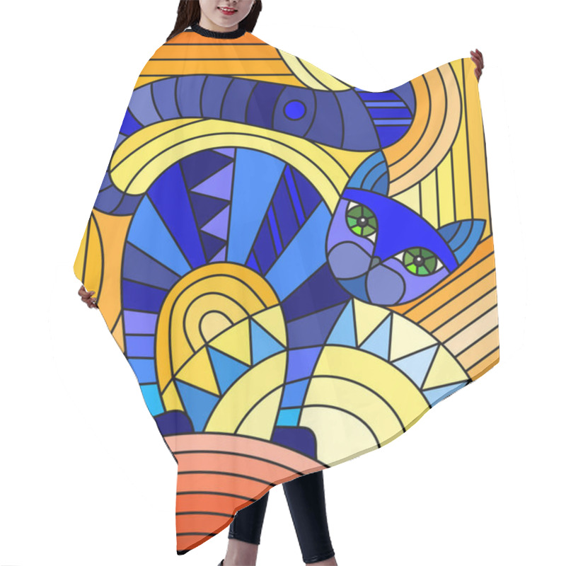 Personality  Illustration In Stained Glass Style With Abstract Blue Geometric Cat On An Orange Background Hair Cutting Cape