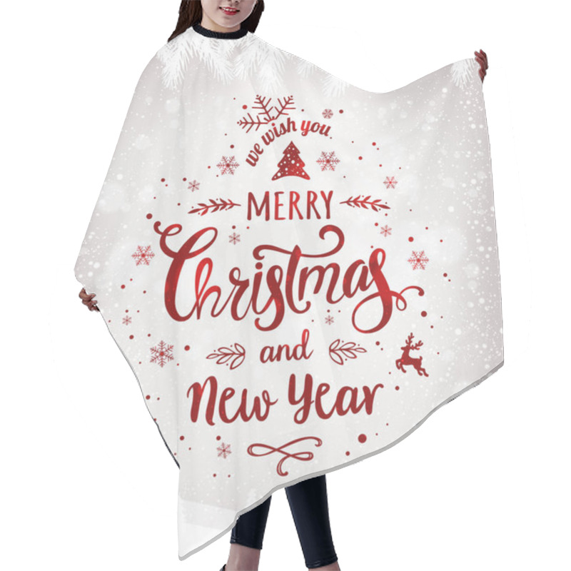 Personality  Christmas And New Year Typographical On Background With Winter Landscape With Snowflakes, Light, Stars. Xmas Card. Vector Illustration Hair Cutting Cape