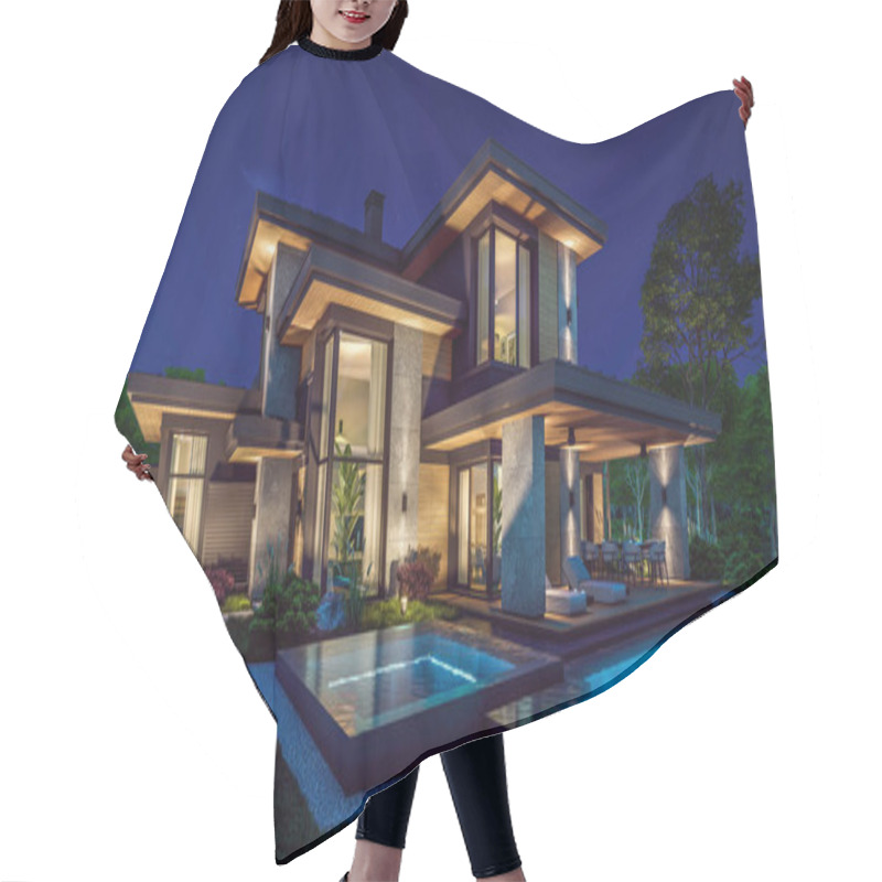 Personality  3d Rendering Of Modern Two Story House With Gray And Wood Accents, Large Windows, Parking Space In The Right Side Of The Building. Clear Summer Night With Many Stars On The Sky. Hair Cutting Cape