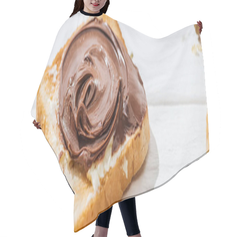 Personality  Panoramic Shot Of Sweet Toast With Chocolate Cream On White  Hair Cutting Cape