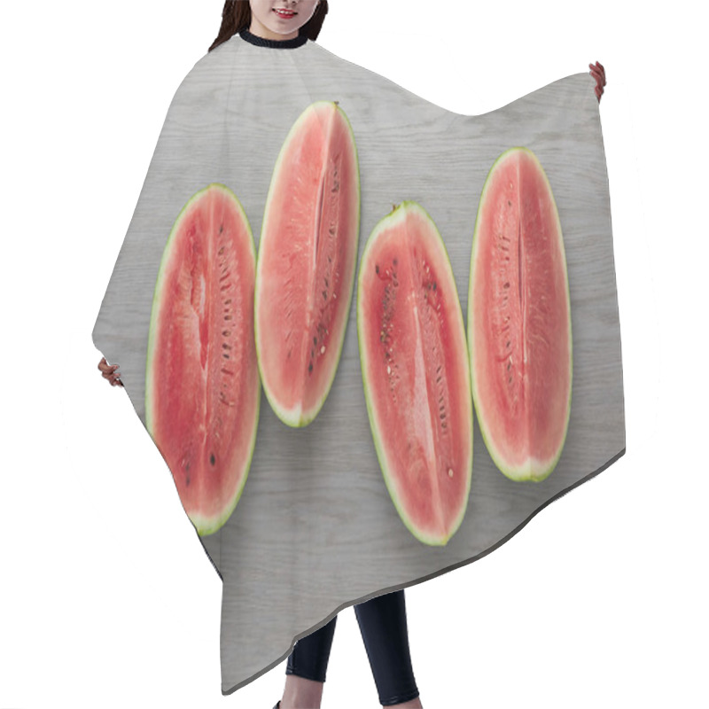 Personality  Top View Of Arranged Fresh Watermelon Slices On Grey Wooden Surface Hair Cutting Cape