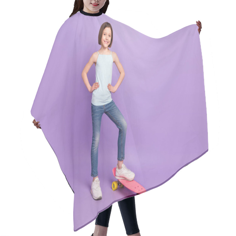 Personality  Full Length Photo Of Cheerful Young Nice Girl Hold Hands Waist Stand Longboard Isolated On Purple Color Background Hair Cutting Cape