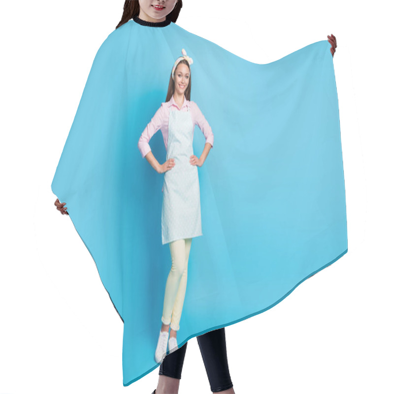 Personality  Full Body Photo Of Content Girlish Wife Put Hands Waist Enjoy Routine Domestic Day Wear Retro Style Clothes Isolated Over Blue Color Background Hair Cutting Cape