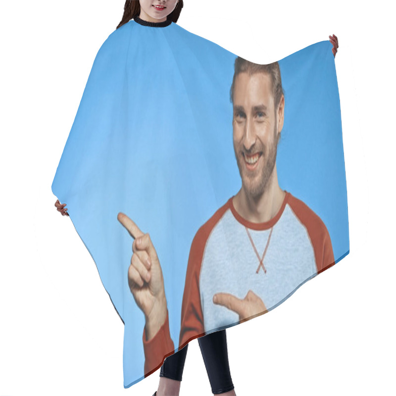 Personality  Young Joyful Man Pointing With Fingers On Blue  Hair Cutting Cape