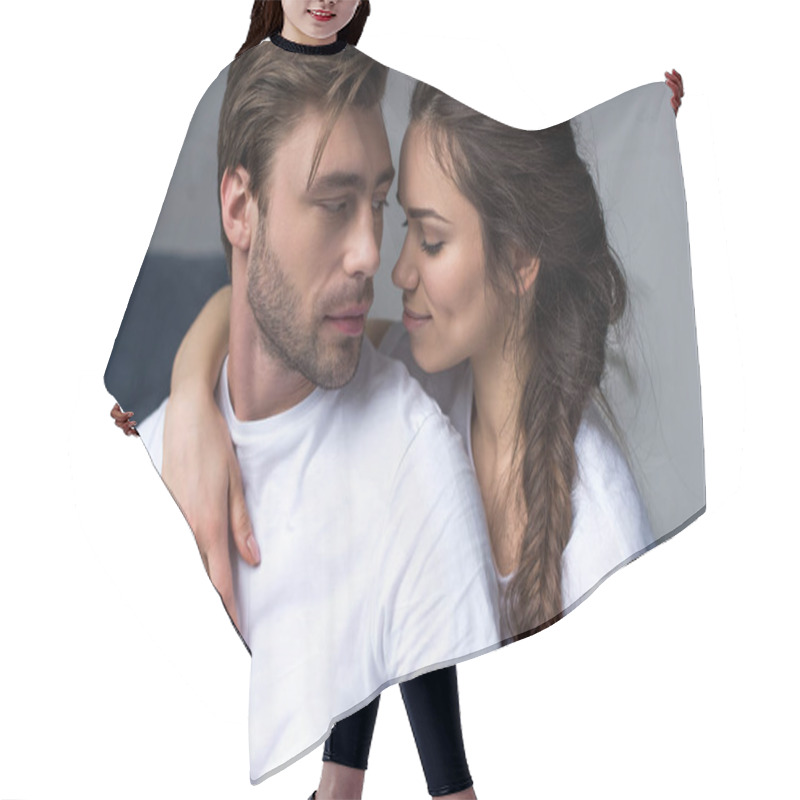 Personality  Romantic Couple Hugging On Bed In Their Room Hair Cutting Cape