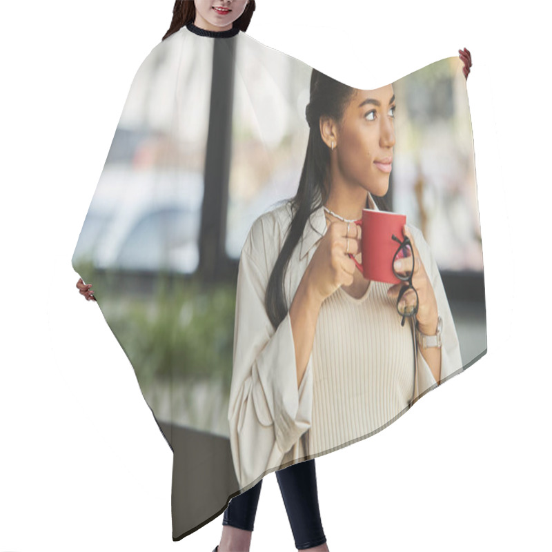 Personality  In A Bright Office, A Woman Holds A Coffee Cup, Taking A Moment To Reflect On Her Tasks. Hair Cutting Cape