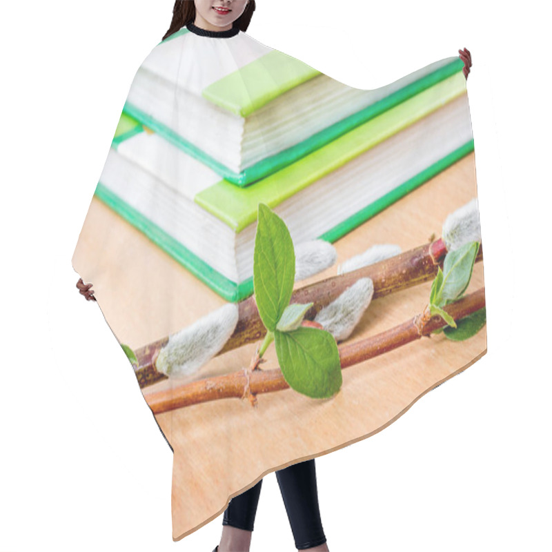 Personality  Early Spring, Blossoming Branches Against  Background Of Books,  Hair Cutting Cape