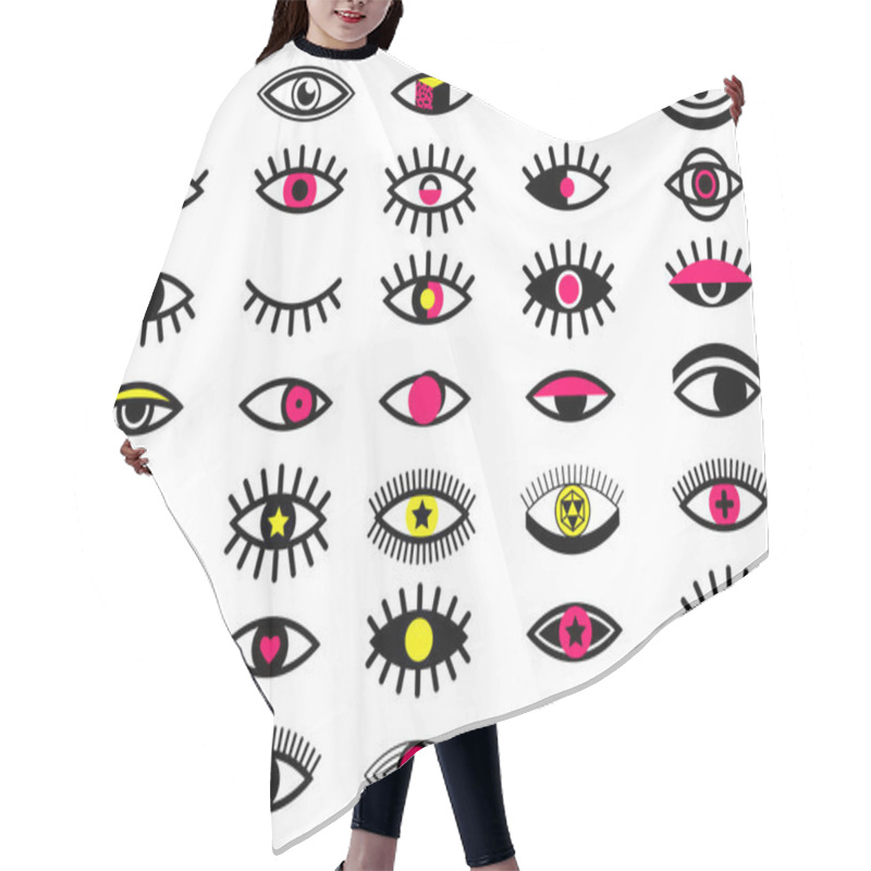 Personality  Big Set Of Memphis Style Eye Icons. Collection Of 35 Psychedelic Eyes. Memphis Style Design Elements Set For Pattern. Retro 80's Collection For Textile, Web, Design Pattern, Backgrounds. Fashion Style Hair Cutting Cape