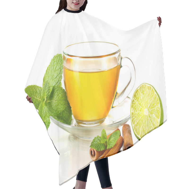 Personality  Cup Of Tea With Mint,cinnamon And Lime Isolated On White Hair Cutting Cape