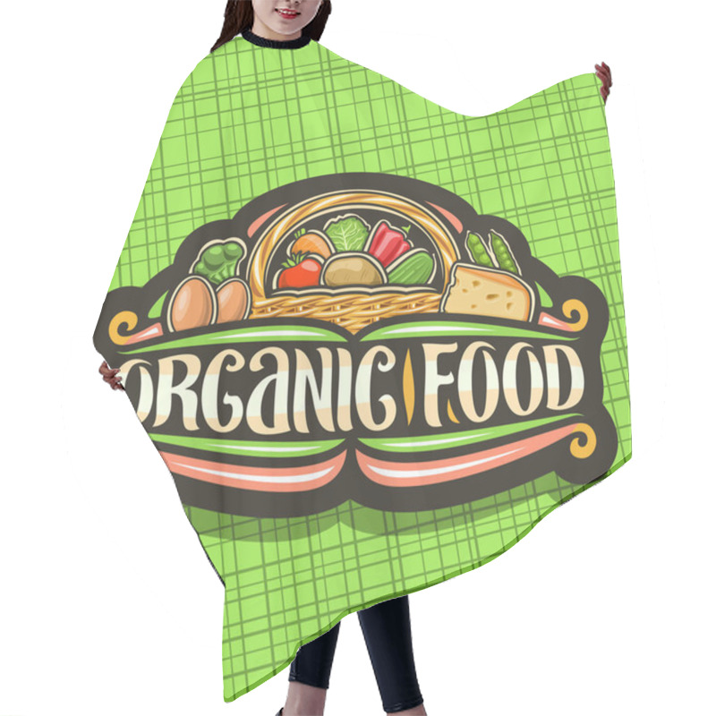 Personality  Vector Logo For Organic Food, Dark Sign Board With Set Of Heap Variety Cartoon Veggies, Decorative Lettering For Words Organic Food, Autumn Sustainable Mix In Full Rustic Pottle On Green Background. Hair Cutting Cape