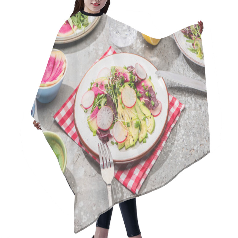 Personality  Fresh Radish Salad With Greens And Avocado On Napkin On Grey Concrete Surface With Ingredients In Bowls And Cutlery Hair Cutting Cape