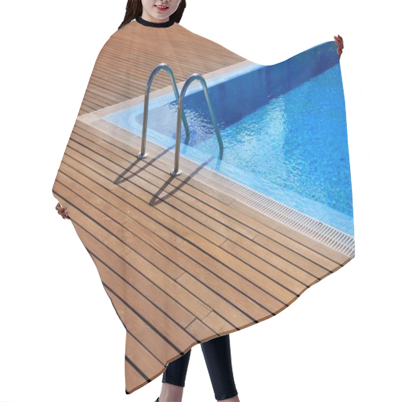 Personality  Blue Swimming Pool With Teak Wood Flooring Hair Cutting Cape