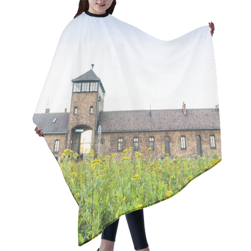 Personality  Main Entrance Building Of Auschwitz Birkenau Concentration Camp With Yellow Flowers In Foreground, Poland Hair Cutting Cape