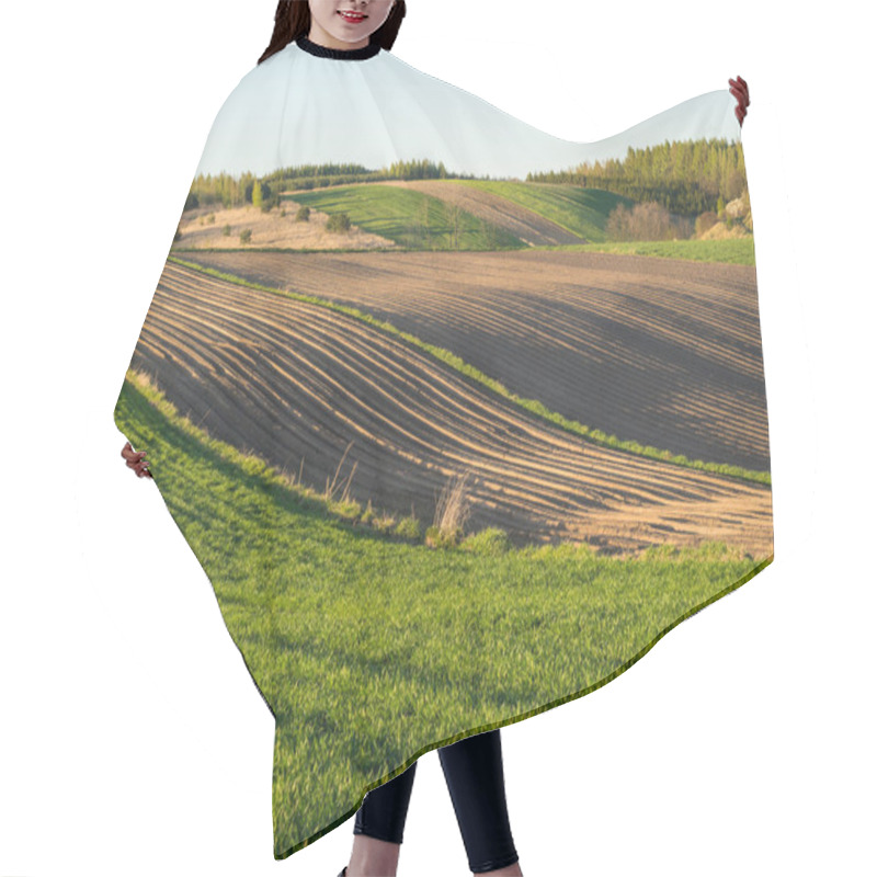 Personality  Countryside Spring Landscape Of Plowed Fields. Green Grass And Trees. Ponidzie. Poland Hair Cutting Cape