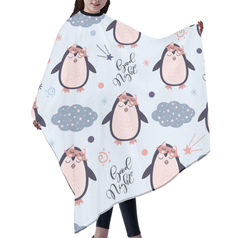 Personality  Seamless Pattern With Cute Penguin In Sleeping Mask. Animal On The Starry Fantatic Sky. Vector Flat Good Nignt And Sweet Dreams Concept Hair Cutting Cape