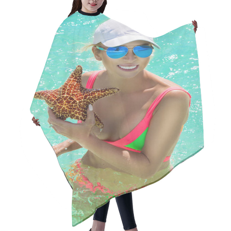 Personality  Beautiful Girl In The Caribbean Sea, Holds In The Hands Of A Starfish Hair Cutting Cape