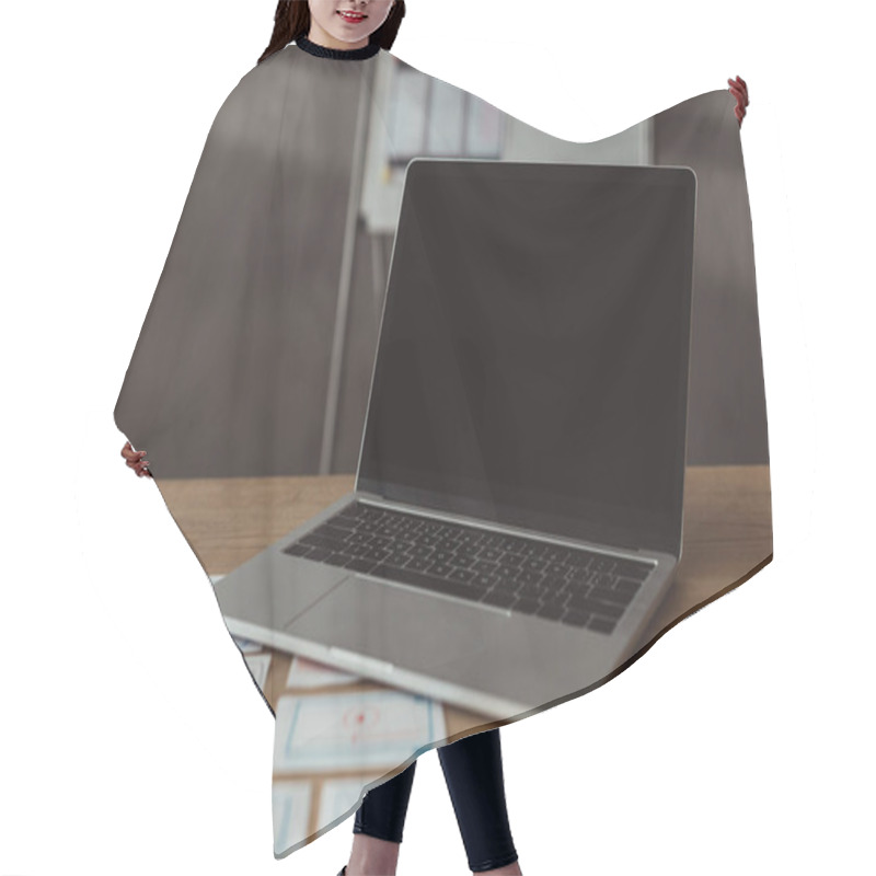 Personality  Selective Focus Of Laptop With Blank Screen And Website Wireframe Sketches On Table Hair Cutting Cape