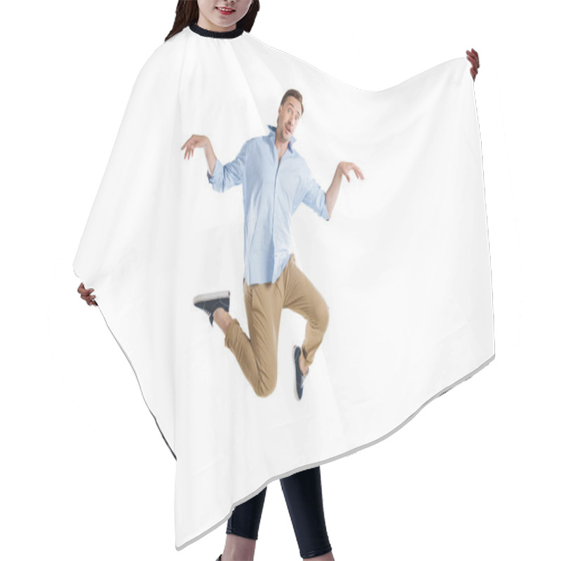 Personality  Young Man Jumping With Facial Expression Hair Cutting Cape