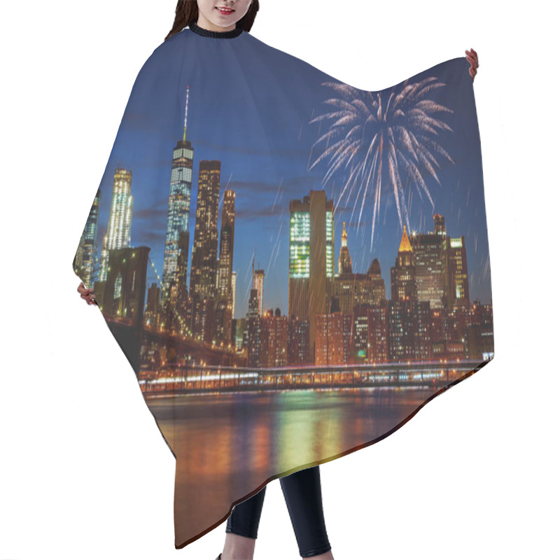 Personality  New York City's Brooklyn Bridge And Manhattan Skyline Illuminated Amazing Fireworks In Independence Day Hair Cutting Cape