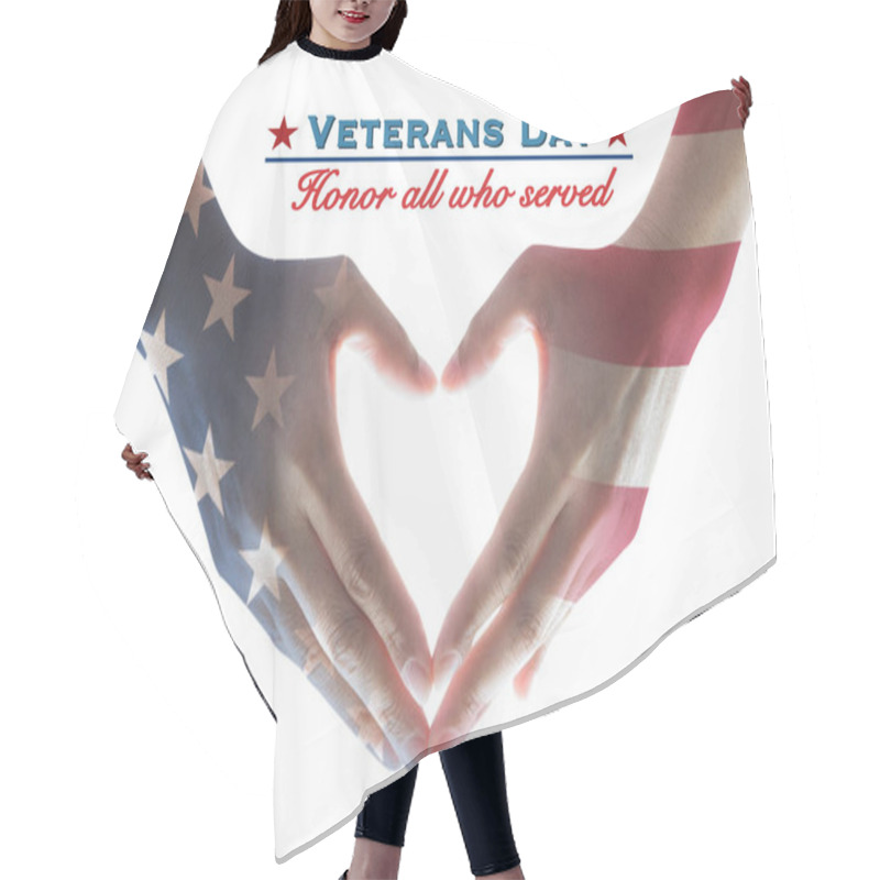 Personality  USA Veterans Day With United Stated Of America Flag Pattern On People's Hands In Heart Shape And Greeting Announcement Honoring All Who Served American Country Hair Cutting Cape