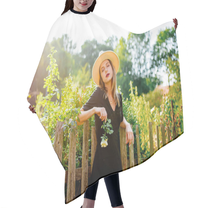 Personality  Woman In Hat In A Summertime Countryside Garden Hair Cutting Cape