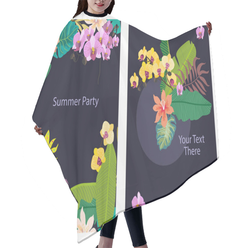 Personality  Set Of Cards With Tropical Plants On Contrast Background.  Hair Cutting Cape