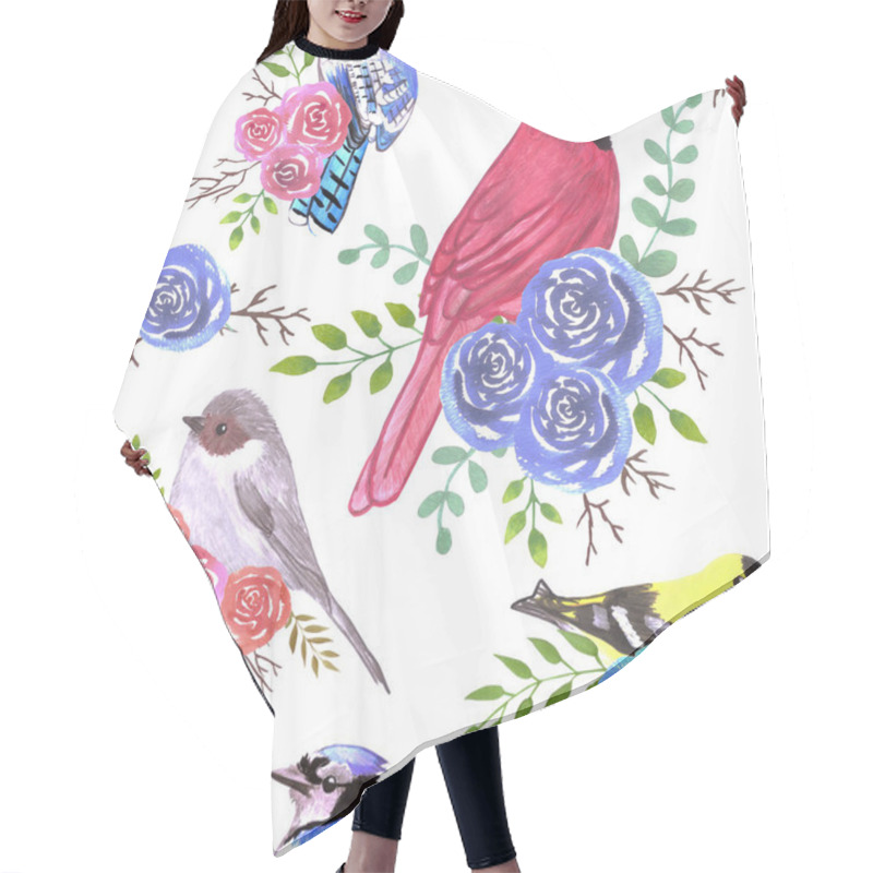 Personality  Cardinals, Bushtits, Blue Jays And Goldfinches On Rose Blossoms Hair Cutting Cape