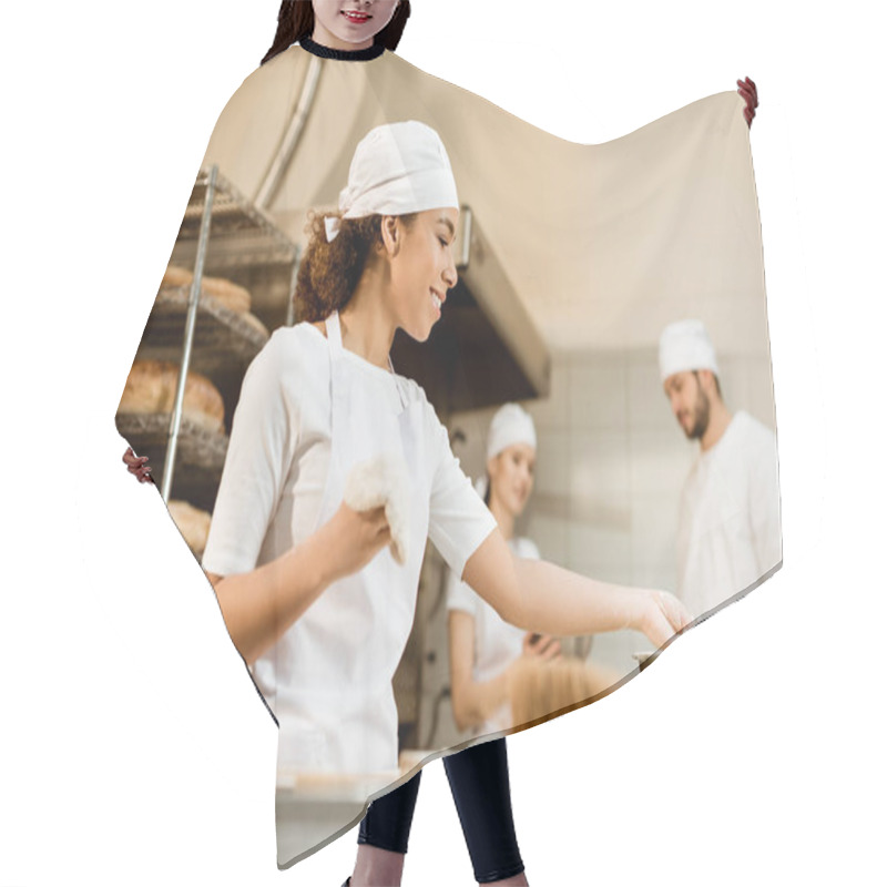 Personality  Multiethnic Team Of Bakers Working Together At Baking Manufacture Hair Cutting Cape