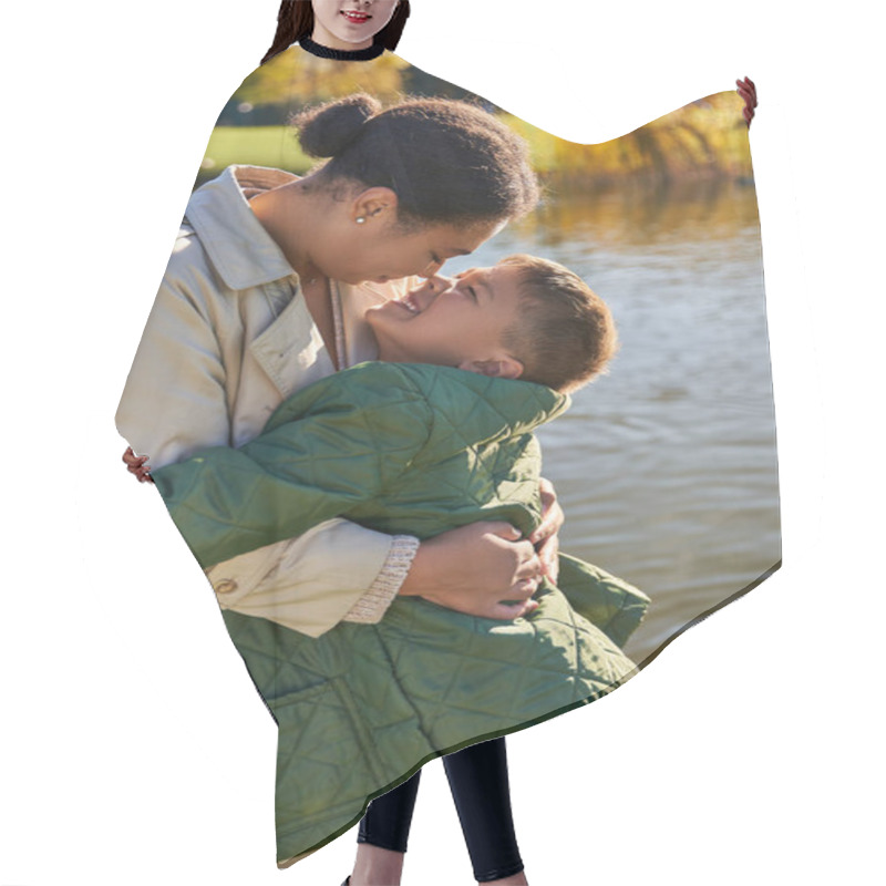 Personality  Motherly Love, Cheerful Boy Hugging Mother Near Lake, African American Family, Fall Season, Autumn Hair Cutting Cape