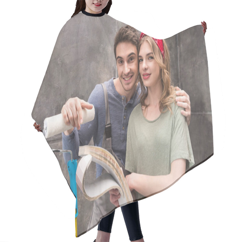 Personality  Young Couple Renovating House  Hair Cutting Cape