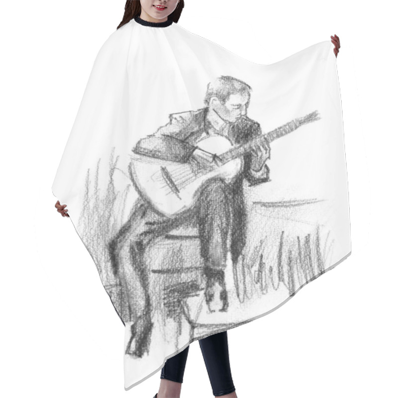 Personality  Hand Drawn Sketch Of Guitar Player Hair Cutting Cape