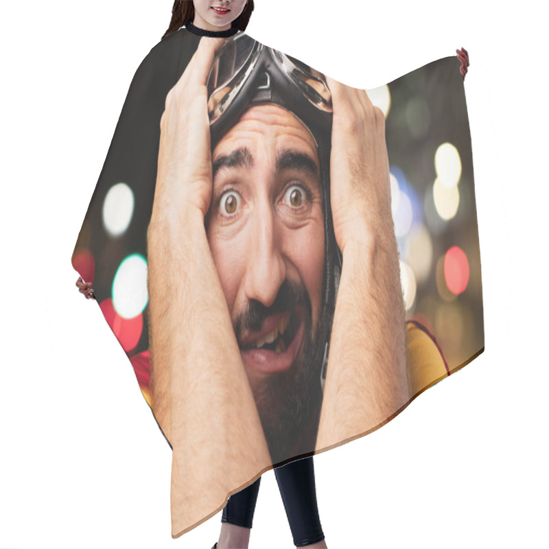 Personality  Crazy Super Hero In Scared Pose Hair Cutting Cape