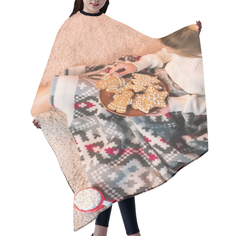 Personality  Woman In Patterned Blanked Holding Christmas Gingerbread Cookies  Hair Cutting Cape