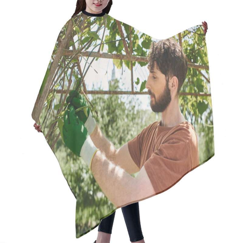 Personality  Handsome And Bearded Gardener Examining Branches Of Green Tree While Working Outdoors Hair Cutting Cape