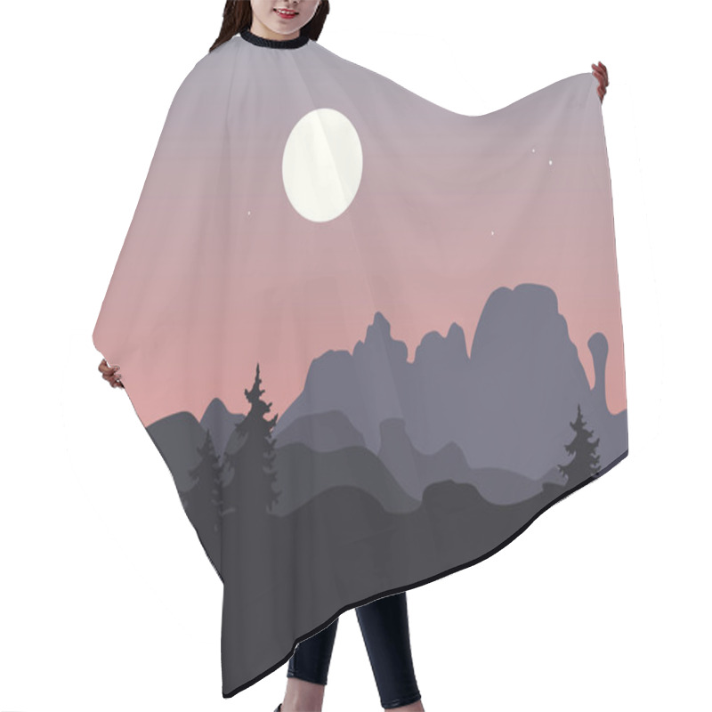 Personality  Mountain Landscape With Single Trees Under A Purple Night Or Evening Sky With Rising Moon. Vector Hair Cutting Cape