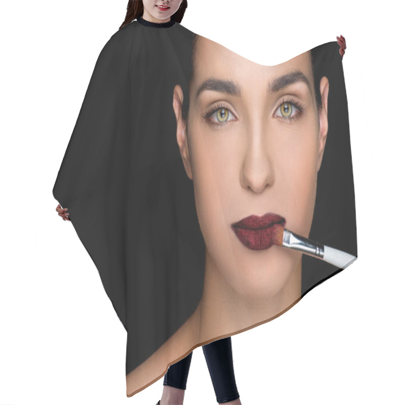 Personality  Woman Applying Dark Lipstick  Hair Cutting Cape