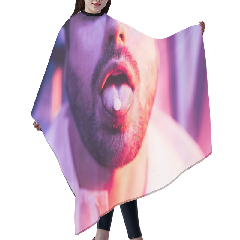 Personality  Cropped View Of Man With Closed Eyes And LSD On Tongue Hair Cutting Cape